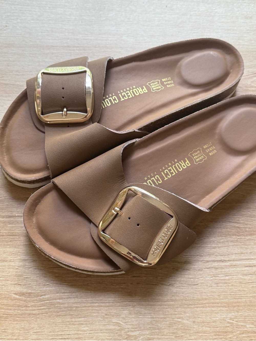 Project Cloud Brown Slide Sandals with Gold Buckle - Picture 1 of 3